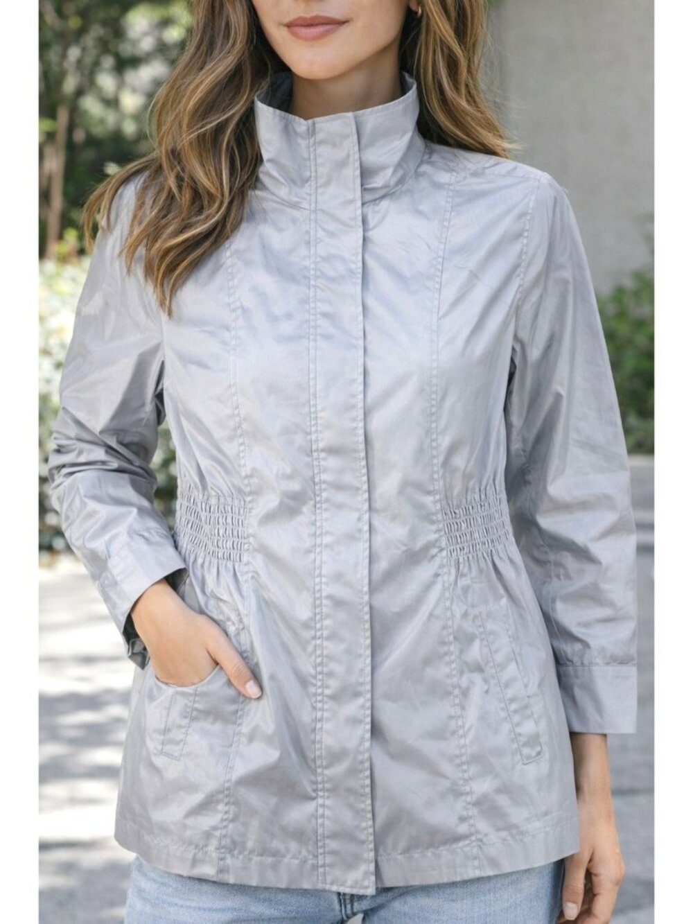 Chico's Womens Jacket Size 2 Silver Lightweight With Stand Collar Elastic Waist